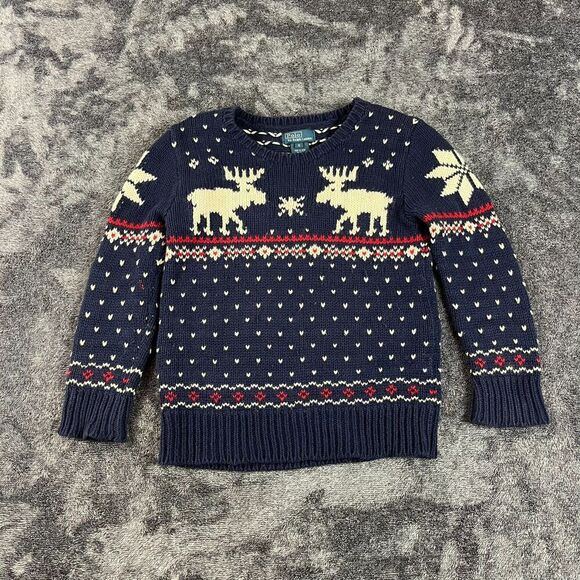 Vtg Polo Ralph Lauren Cotton Wool Fair Isle Moose AOP Knitted Sweater Youth 6 - Picture 1 of 11